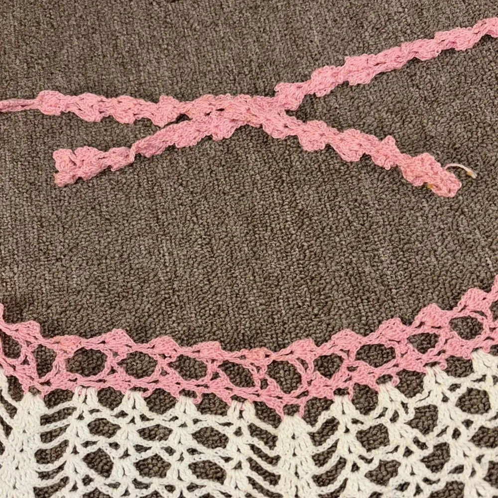 Vintage Crochet Apron Pink Green White Handmade 1970s